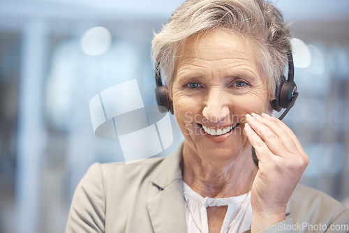 Image of Portrait, smile and senior woman in call center in office with pride for customer service career. Face, telemarketing and happy, proud and confident sales agent, person or professional from Canada.