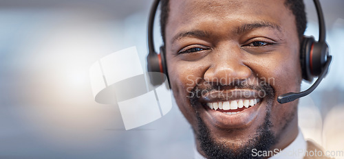 Image of Call center, smile and face portrait of black man in office with pride for career, job or customer service mockup. Person, telemarketing and happy, proud or confident African sales agent from Nigeria