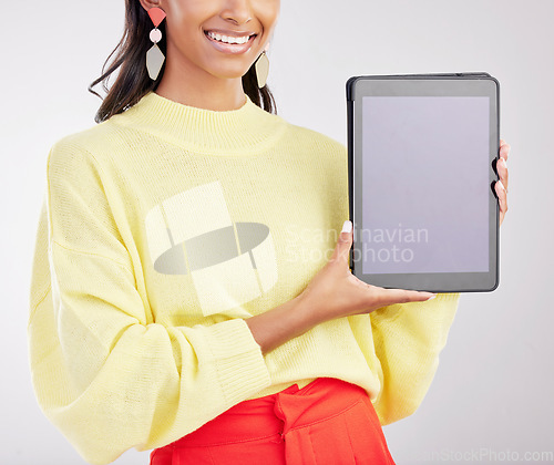 Image of Tablet, studio and hands of woman with smile for advertising, promotion and mockup screen. White background, happy and closeup of girl with digital tech for social media, website and mobile app brand