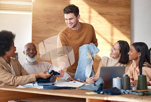 Image of Fashion, design and ideas, team at workshop for pattern and fabric textures for clothes for luxury brand. Creative business, manufacturing and teamwork, men and women in brainstorming pitch in office