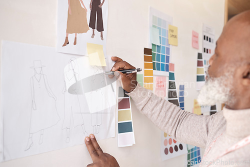 Image of Creative businessman, drawing and fashion designer for planning, illustration or clothing idea on office wall. Man artist, color palette and production for design, development strategy or startup