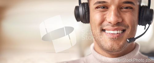 Image of Call center man, smile and portrait in contact us, CRM and headset with mic on mockup space. Customer support banner, happy or male in telemarketing sales, help desk and consultant face in office