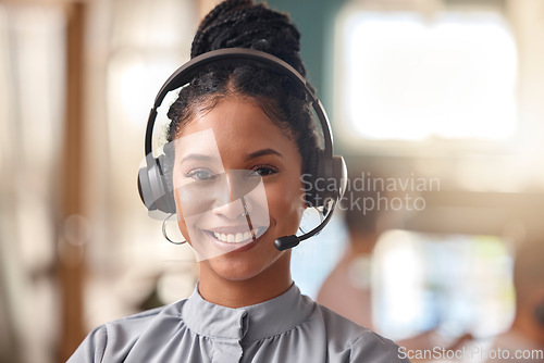 Image of Call center woman, happy and portrait in contact us, CRM and headset with mic on mockup space. Customer service consultant, female and face smile for telemarketing sales and help desk agent in office
