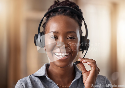 Image of Call center, black woman smile in portrait and contact us with CRM, headset with mic and mockup. Customer service consultant, happy female and telemarketing with sales and help desk agent in office