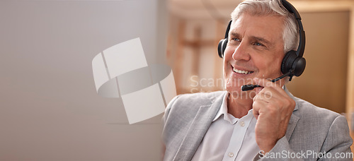 Image of Mature man, happy or call center headset at technology in office sales and customer support, Male agent or consultant in telemarketing, telecom and crm with smile service or help desk communication