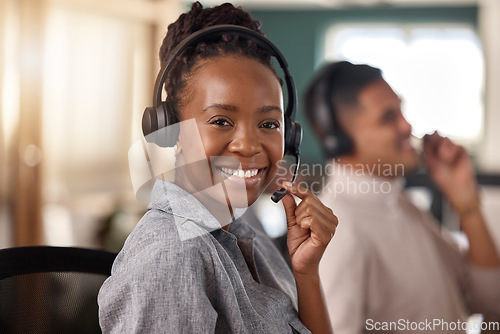 Image of Call center, black woman and smile portrait and face for telemarketing, sales and support. Professional female consultant or agent with a headset for customer service, crm and help desk for advice