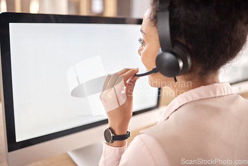 Image of Call center, woman and computer screen with mock up in office for customer service, sales or support. Female agent, consultant or headset microphone in telemarketing, telecom and crm help desk mockup