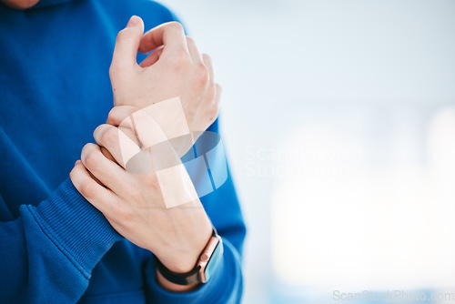 Image of Hands, wrist pain or woman with injury after fitness exercise, sports training or workout accident. Closeup, injured athlete or girl with fibromyalgia, muscle tendinitis or broken bone on mock up