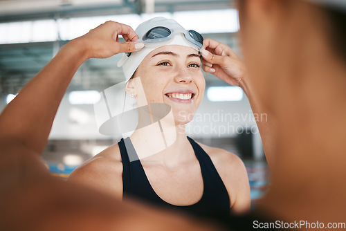 Image of Sports goggles, women or friends in swimming pool starting training, workout or fitness exercise together. Face of healthy girl athlete, rubber eye wear gear or happy swimmers smiling or bonding