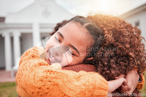 Image of Hug, happy and smile with mother and daughter for bonding, affectionate and care in outdoors. Relax, happiness and support with woman and young girl on lawn of home for embrace, cuddle and weekend