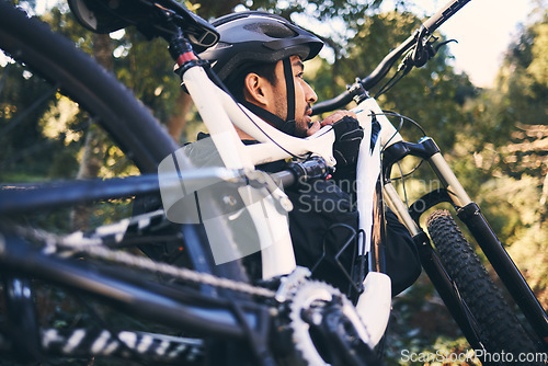 Image of Forest, man carry and mountain bike in nature of a cyclist ready for training, exercise and bicycle workout outdoor. Athlete, cycling and off road biking of male doing sports for health and wellness