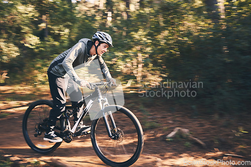 Image of Cycling, nature and health with man in road for training, workout or cardio exercise. Adventure, extreme sports and speed with male cyclist on bike in forest park for performance, challenge or break