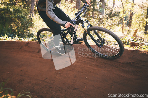 Image of Fitness, bicycle workout and man outdoor on a forest path with extreme and exercise adventure. Bike, cycling and sport of an athlete with fast speed and nature hill for sports training and action