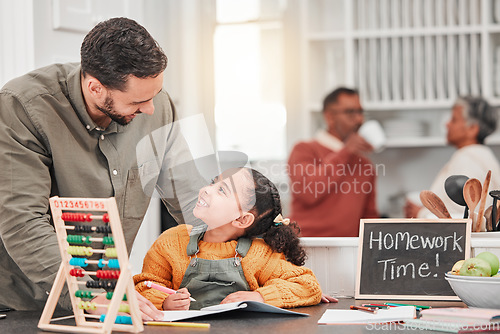 Image of Education, homework and father with child in home for helping, learning and school lesson. Happy family, development and girl with book, educational toys and abacus for maths, study and class