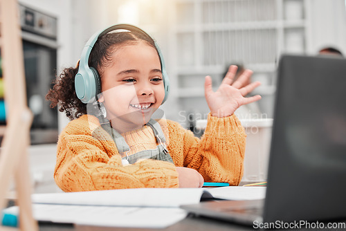 Image of Elearning, online class and child wave on a internet call with laptop and a smile. Education, computer and happy kid with technology for remote learning, studying and knowledge development with tech