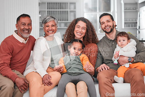 Image of Family, portrait and children happiness in a home with mother, grandparents and baby together. Parent love, smile and dad with elderly people and child in a house living room with support and care