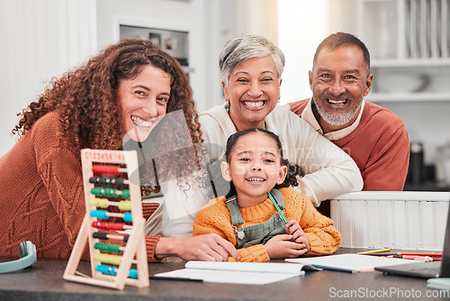 Image of Education, homework and portrait of happy family with child for helping, learning and lesson at home. Grandparents, parents and happy girl smile with notebook, educational toys and abacus for school