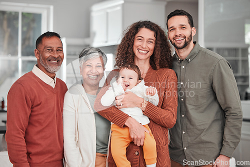 Image of Big family, portrait and happiness in a home with mother, grandparents and baby together. Parent love, smile and dad with elderly people and happy child in a house kitchen with support and care