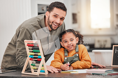 Image of Education, homework and portrait of father with child for helping, learning and lesson at home. Happy family, school and happy dad and girl with book, educational toys and abacus for maths class