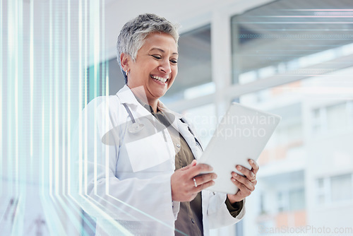 Image of Tablet, research and happy healthcare doctor with futuristic overlay, telehealth software or hospital management app. Medical professional or indian person on digital technology in clinic data review