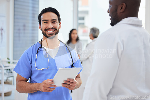 Image of Hospital, doctor and portrait of man with tablet in clinic for insurance, wellness app and medical service. Teamwork, healthcare and health worker on digital tech for telehealth, consulting and help