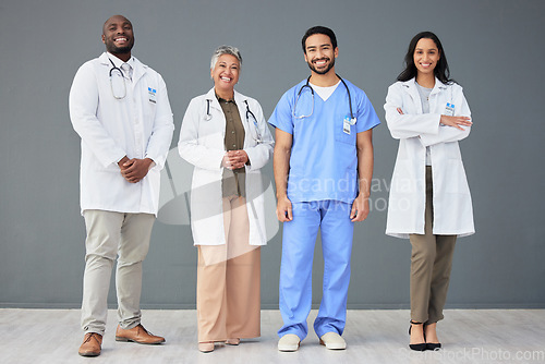 Image of Hospital, doctors and portrait of people on wall background for insurance, wellness and medical service. Healthcare, teamwork and men and women standing in line for consulting, group and diversity