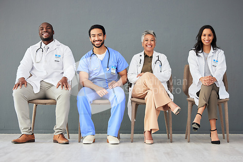 Image of Hospital, doctor and portrait of group on chair on wall background for insurance, wellness and medical care. Healthcare, teamwork and men and women sitting in line for consulting, support and service