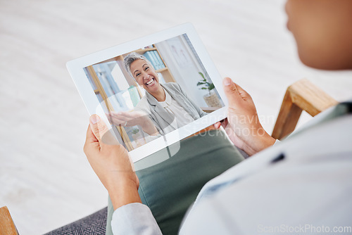 Image of Video call, tablet screen and women in virtual therapy, counseling or psychology support, discussion and helping. Happy psychologist people talking on digital tech in webinar or online meeting chat