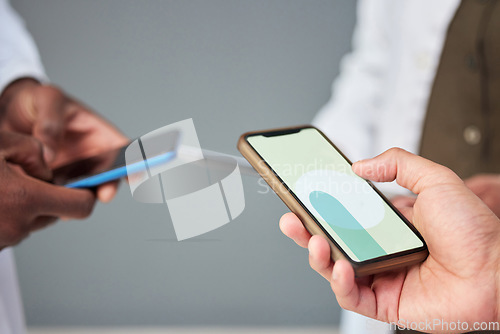 Image of Business people, hands and phone screen for networking, communication or sharing information at the office. Mockup of group or community holding mobile smartphone for app, social media or data sync