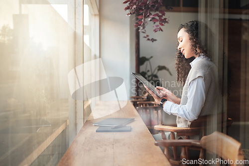 Image of Cafe, tablet and business woman reading report, research statistics or customer experience feedback data. Restaurant store, commerce coffee shop and morning person review hospitality consumer insight