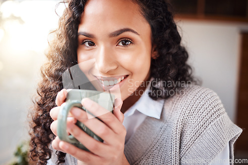 Image of Coffee, morning and portrait of woman with smile relaxing in cafe with latte, cappuccino and espresso. Breakfast, happiness and face of girl drink hot beverage for calm, peace and enjoying weekend