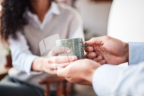 Image of Coffee shop closeup, waiter hands and woman drinking hot chocolate, tea cup or morning beverage for hydration wellness. Restaurant service, customer espresso drink or cafe store person with latte mug