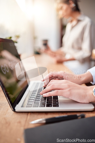 Image of Cafe hands, laptop typing and woman review small business report, research statistics or customer experience feedback. Restaurant store, coffee shop and morning person work on hospitality insight