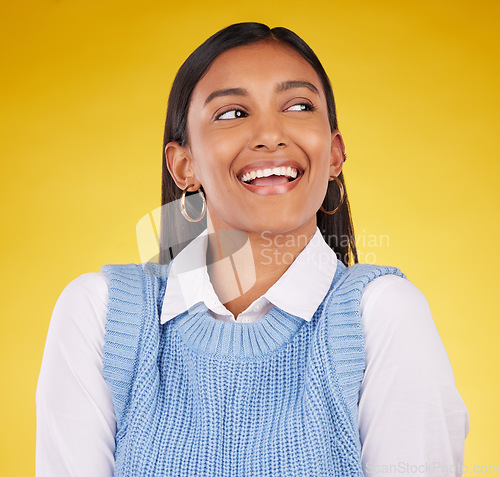 Image of Ideas, thinking and woman with a smile, success and fantasy against a studio background. Indian female, joy and person with casual outfit, future and daydreaming for opportunity, thoughts and wonder