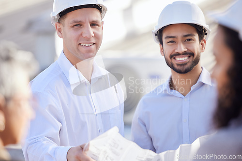 Image of Portrait, construction site or engineering people with blueprint for development project planning. Teamwork, architecture or group collaboration of happy designers talking with building floor plan