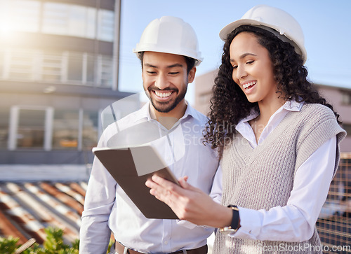 Image of Tablet, construction site or happy engineering people in development project planning or collaboration. Teamwork, digital or industrial designer in meeting with a manager for office building strategy