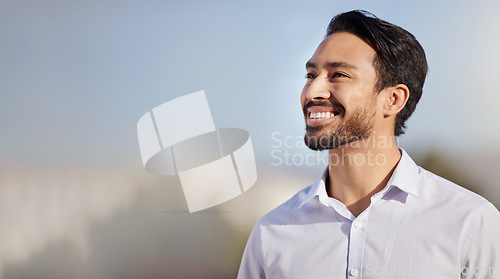 Image of Ideas, business and Asian man with smile, thinking and mockup with future, success and wondering expression. Japanese male ceo, worker and executive with happiness, growth and decision for solution