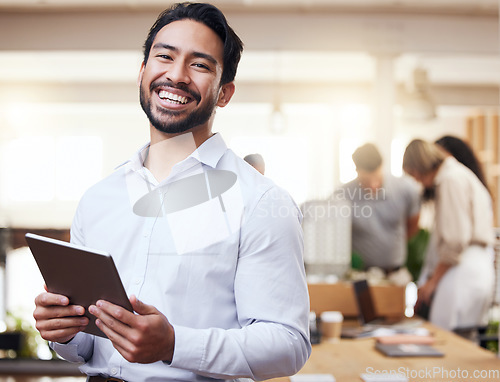 Image of Tablet, architecture or portrait of an engineer man in his office reading an online blueprint. Technology, building and planning with happy architect leading construction project with digital design