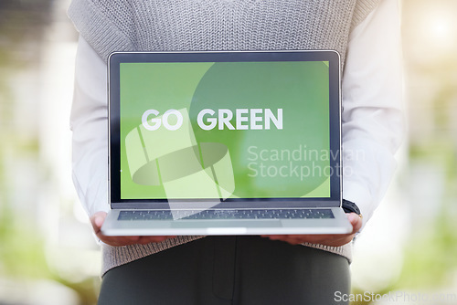 Image of Person, screen or laptop of go green, sustainability or eco friendly conservation website for planet earth. Recycle, technology or global message for carbon footprint, clean energy and climate change