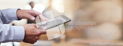 Image of Tablet, architect hands and mockup space in office for construction design with software ux, woman and web. Architecture mock up, mobile touchscreen and typing for house, development or sketch on app