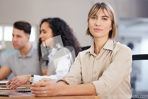 Image of Business woman in meeting, portrait and leadership with collaboration, project management and team leader. Female in corporate, success and career growth with professional mindset in conference room