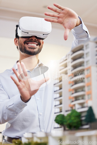 Image of Architect, happy man and virtual reality architecture model, construction and building, future technology and UX. VR goggles, design and engineering, metaverse and simulation of property development