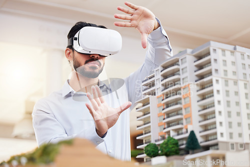 Image of Architect, man and VR architecture model, construction and building with future technology and UX. Virtual reality goggles, design and engineering, metaverse and simulation of property development