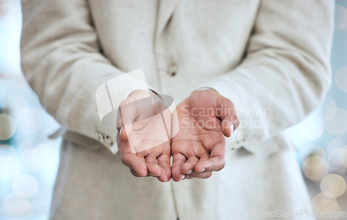 Image of Support, charity and hands of woman open for giving, begging and receive donation in office. Business, gratitude and palms of female with asking gesture for community aid, thank you and helping