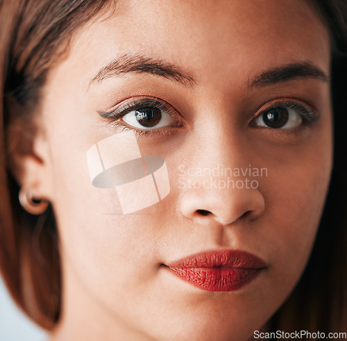 Image of Serious, face and closeup of portrait of woman with youth feeling confident. Vision, young person and female model with girl empowerment and thinking of memories with relax contemplation