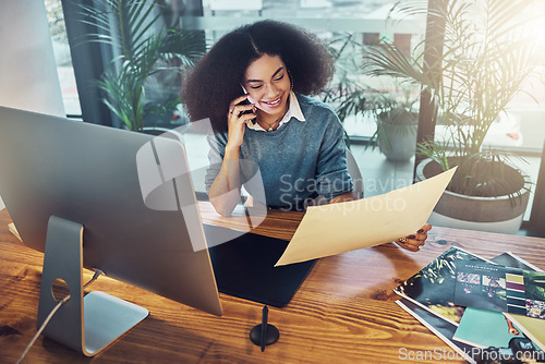 Image of Business woman, phone call and document in design, conversation or digital drawing idea at the office. Female designer talking on mobile smartphone for communication, networking or project discussion