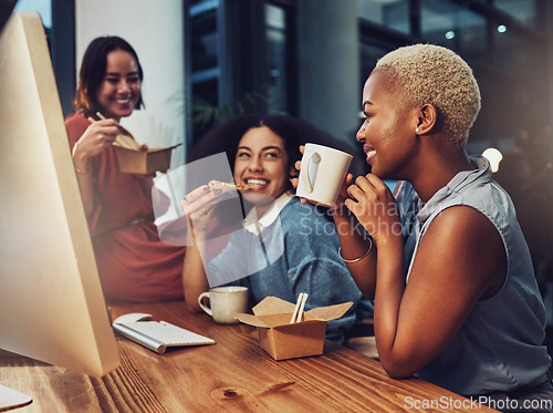 Image of Business team, food and office at night while eating and drinking coffee together at a desk. Diversity women group talking and laughing on late break with takeout and collaboration at workplace