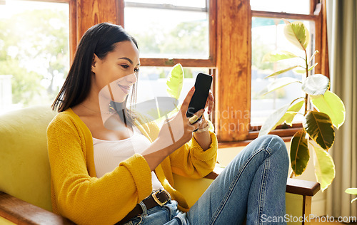 Image of Woman relax with smartphone, smile at social media post and communication, technology and scroll internet. Online chat, happy female rest at home and peace with mobile app or games with connectivity