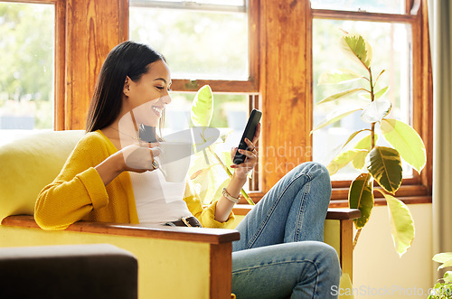 Image of Woman, smartphone and coffee, smile at social media and communication, technology and scroll internet. Online chat, happy female relax at home with hot drink, mobile app or games with connectivity