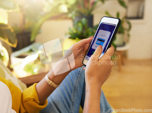 Image of Hands, phone screen and payment for banking in home, smart pay and online shopping. Ecommerce, fintech and woman with cellphone for sales app, finance and purchase on internet store or investment.